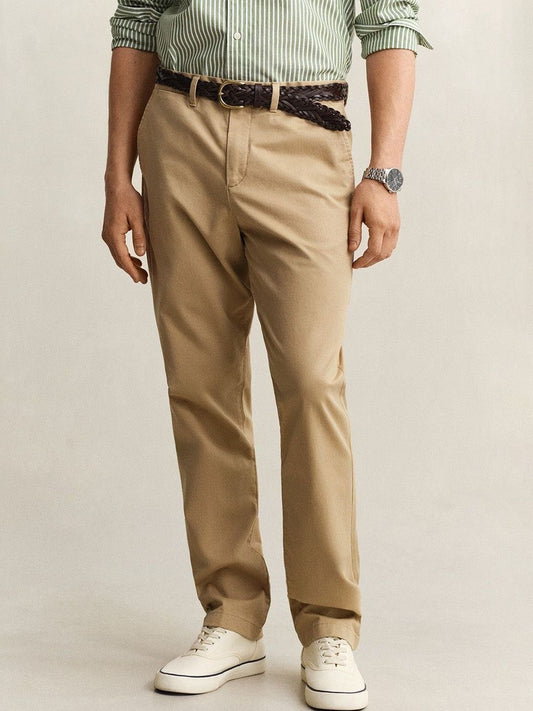 Gant Men Khaki Solid Stretchable Regular Fit Trouser