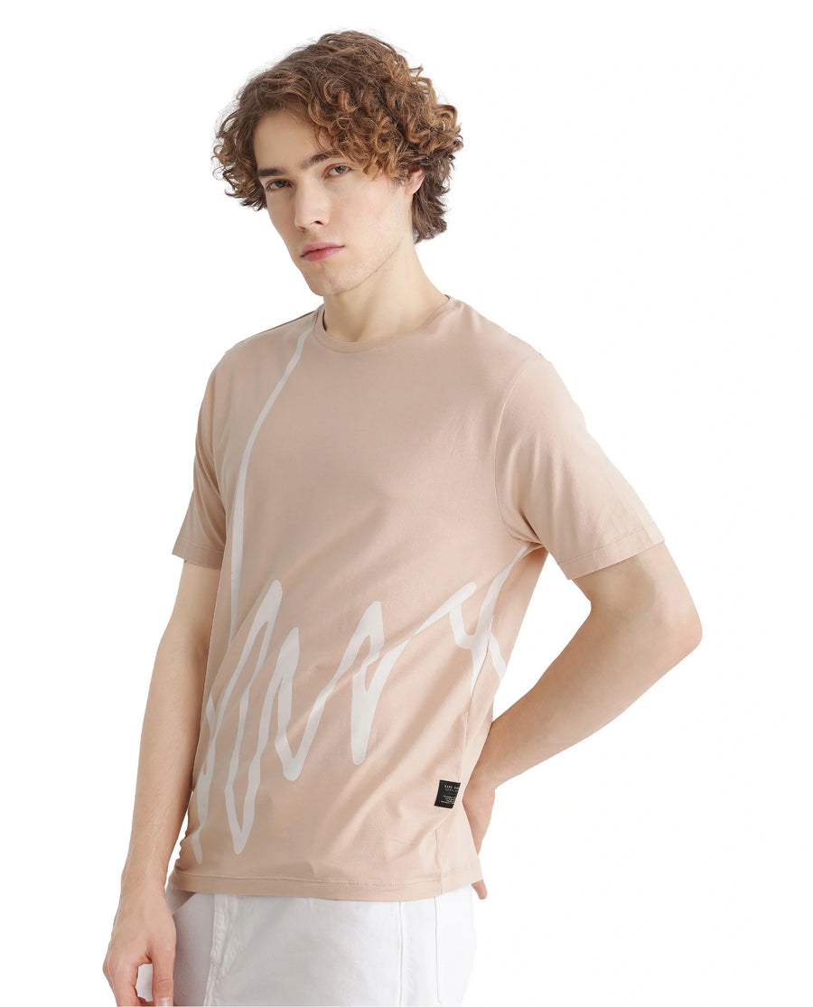 Rare Rabbit Men's Chael Peach Cotton Graphic Print Regular Fit Half Sleeve Crew Neck T-Shirt