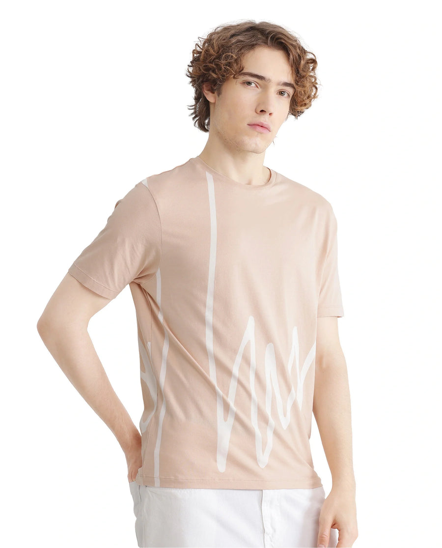Rare Rabbit Men's Chael Peach Cotton Graphic Print Regular Fit Half Sleeve Crew Neck T-Shirt
