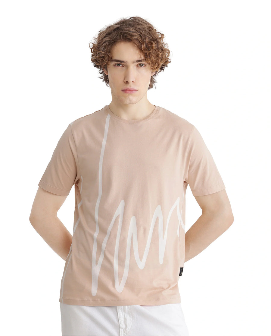 Rare Rabbit Men's Chael Peach Cotton Graphic Print Regular Fit Half Sleeve Crew Neck T-Shirt