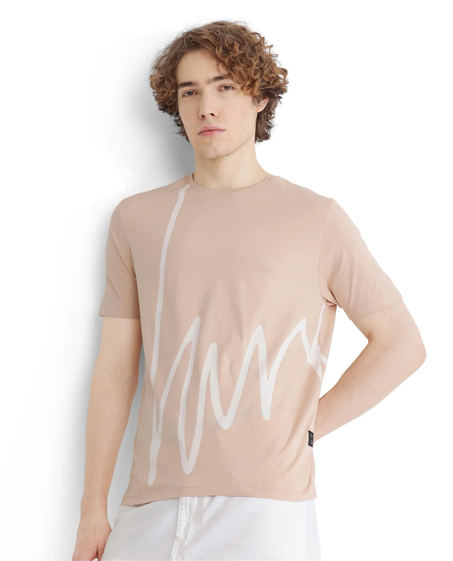 Rare Rabbit Men's Chael Peach Cotton Graphic Print Regular Fit Half Sleeve Crew Neck T-Shirt