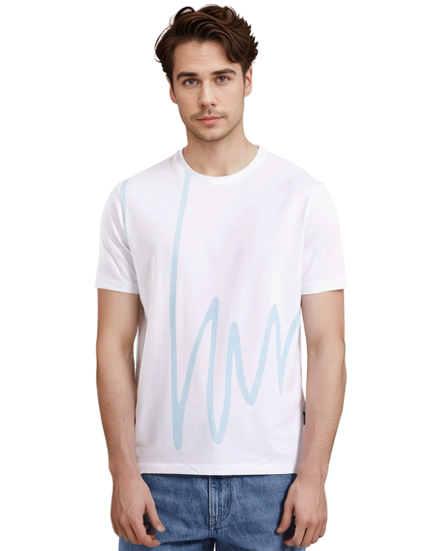Rare Rabbit Men's Chael White Cotton Blend Graphic Print Regular Fit Half Sleeve Crew Neck T-Shirt