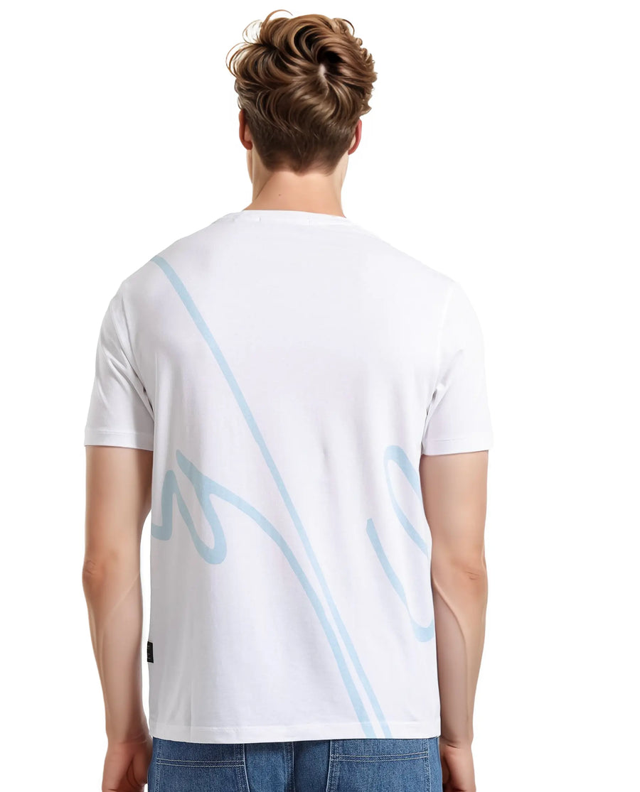 Rare Rabbit Men's Chael White Cotton Blend Graphic Print Regular Fit Half Sleeve Crew Neck T-Shirt