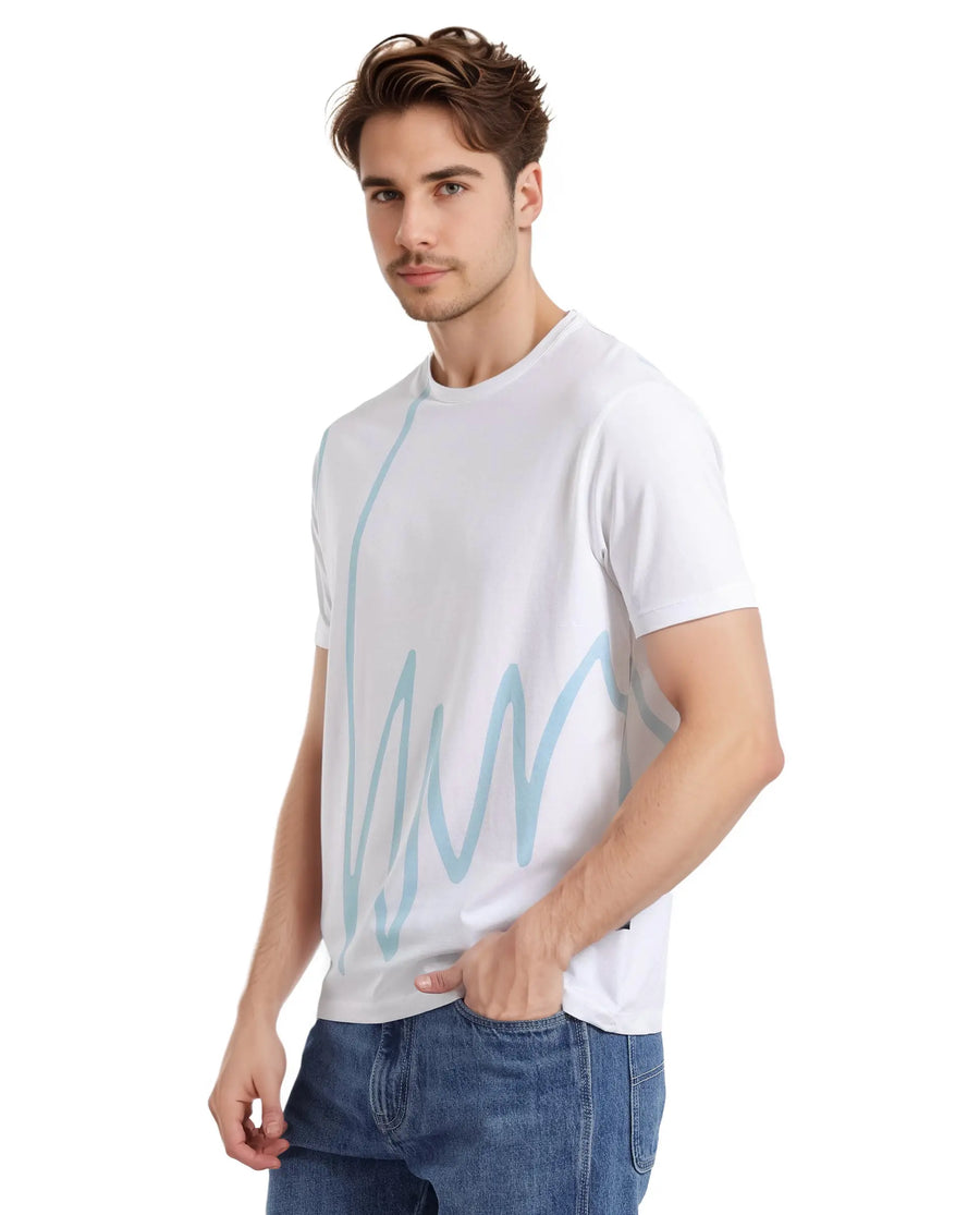 Rare Rabbit Men's Chael White Cotton Blend Graphic Print Regular Fit Half Sleeve Crew Neck T-Shirt