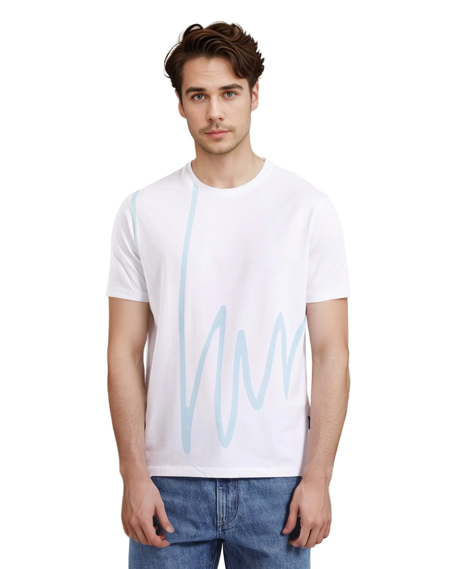 Rare Rabbit Men's Chael White Cotton Blend Graphic Print Regular Fit Half Sleeve Crew Neck T-Shirt