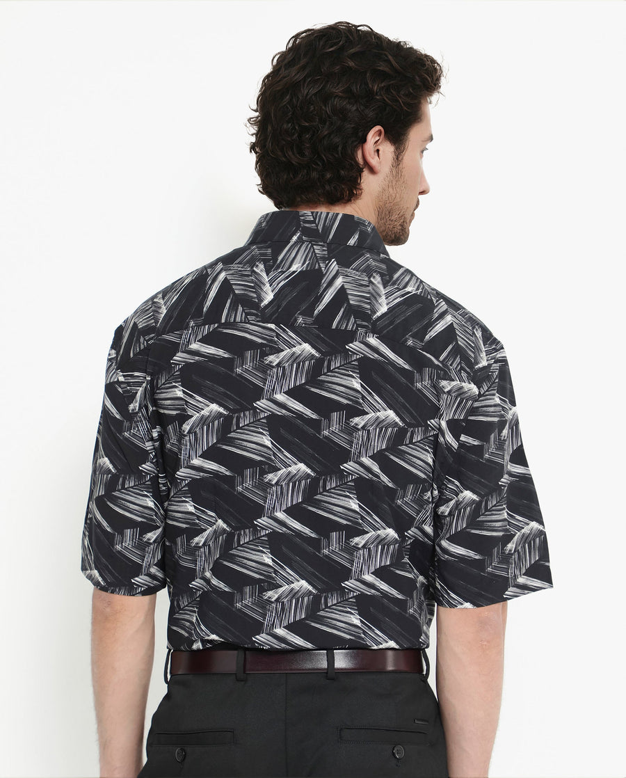Rare Rabbit Men's Chain Black Viscose Abstract Print Regular Fit Half Sleeve Collared Shirt