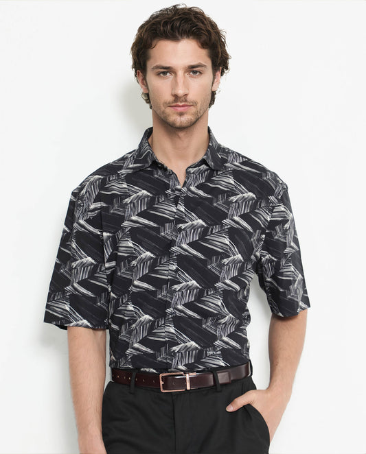 Rare Rabbit Men's Chain Black Viscose Abstract Print Regular Fit Half Sleeve Collared Shirt