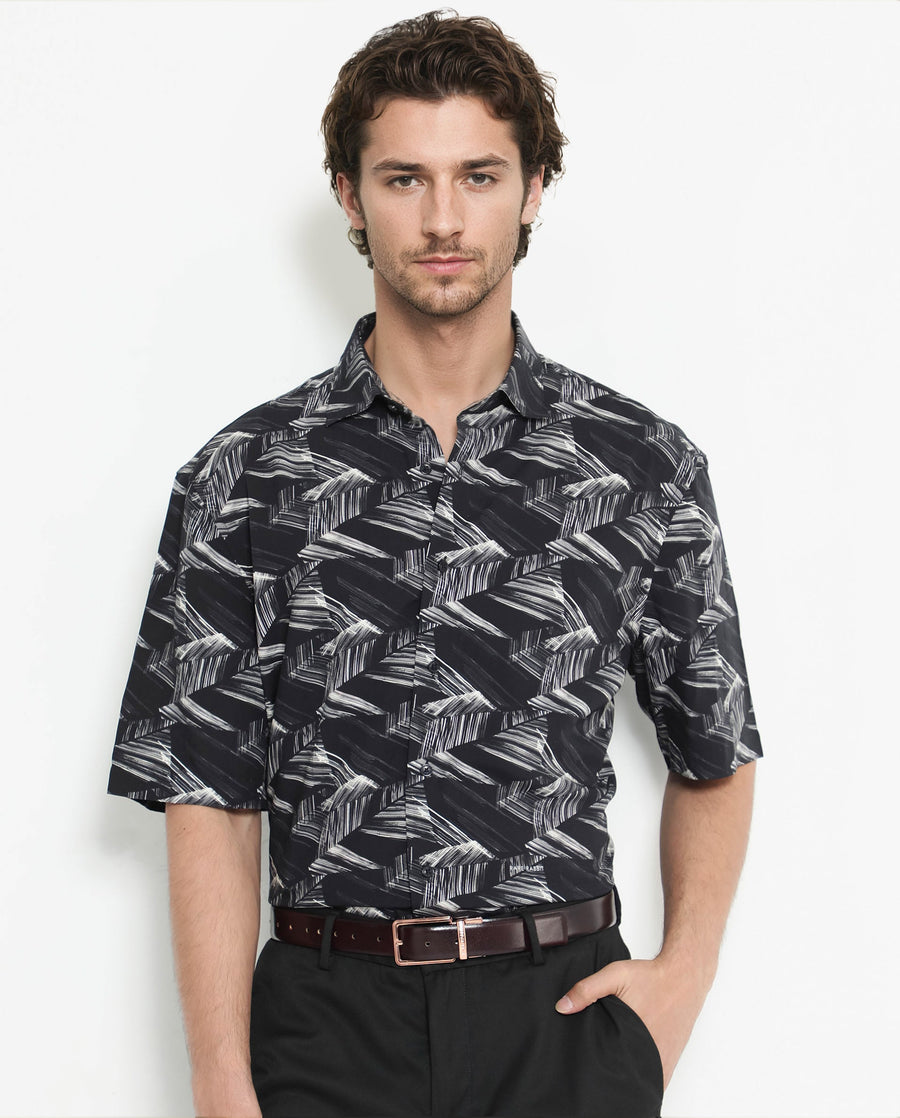 Rare Rabbit Men's Chain Black Viscose Abstract Print Regular Fit Half Sleeve Collared Shirt