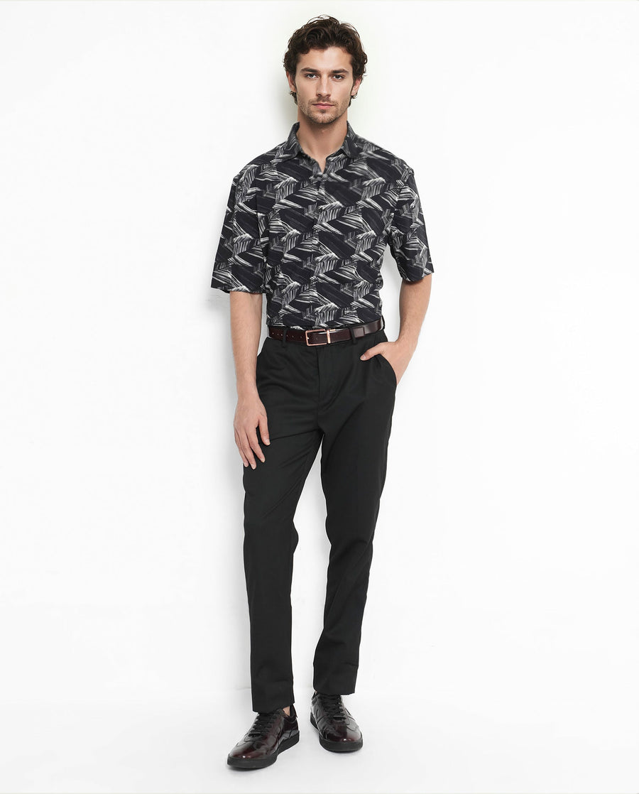 Rare Rabbit Men's Chain Black Viscose Abstract Print Regular Fit Half Sleeve Collared Shirt