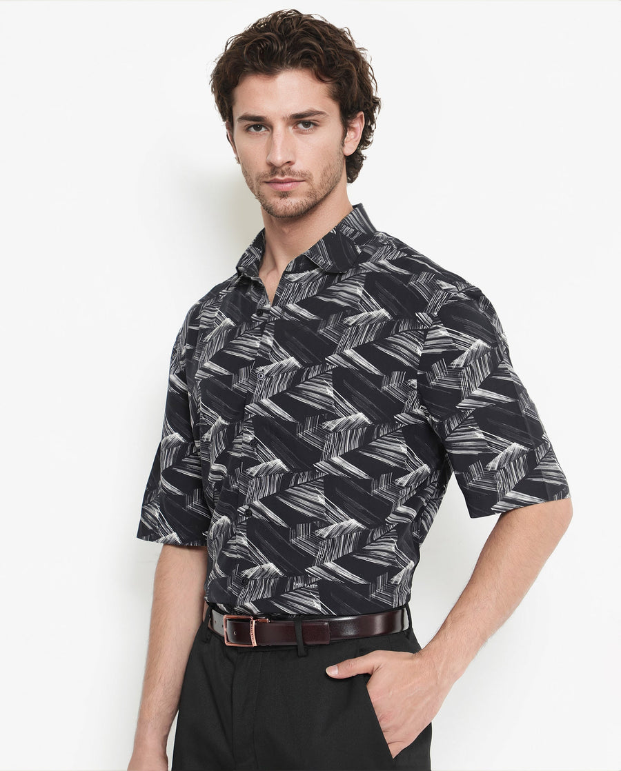 Rare Rabbit Men's Chain Black Viscose Abstract Print Regular Fit Half Sleeve Collared Shirt