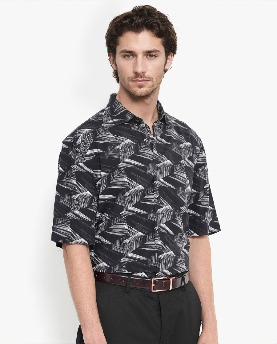 Rare Rabbit Men's Chain Black Viscose Abstract Print Regular Fit Half Sleeve Collared Shirt