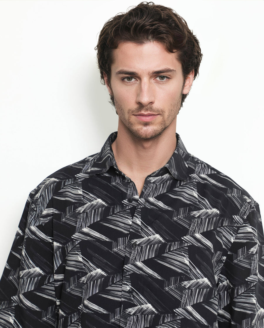 Rare Rabbit Men's Chain Black Viscose Abstract Print Regular Fit Half Sleeve Collared Shirt