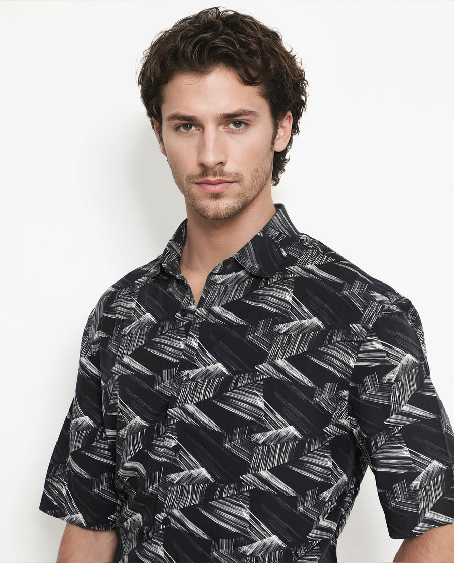 Rare Rabbit Men's Chain Black Viscose Abstract Print Regular Fit Half Sleeve Collared Shirt