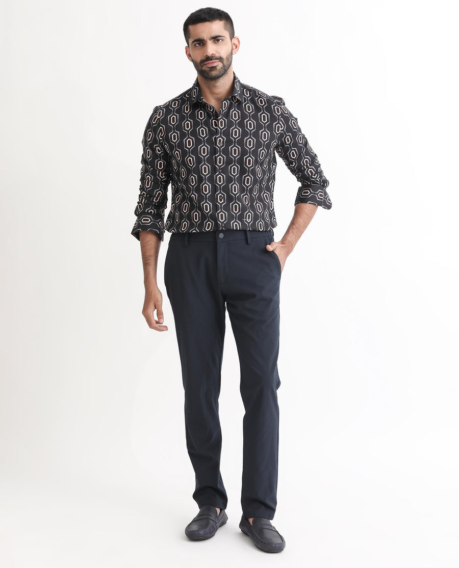 Rare Rabbit Men's Chains Black Modal Geometric Print Tailored Fit Full Sleeve Spread Collar Shirt