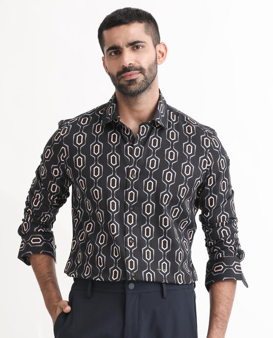 Rare Rabbit Men's Chains Black Modal Geometric Print Tailored Fit Full Sleeve Spread Collar Shirt