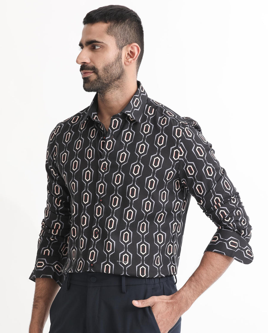 Rare Rabbit Men's Chains Black Modal Geometric Print Tailored Fit Full Sleeve Spread Collar Shirt
