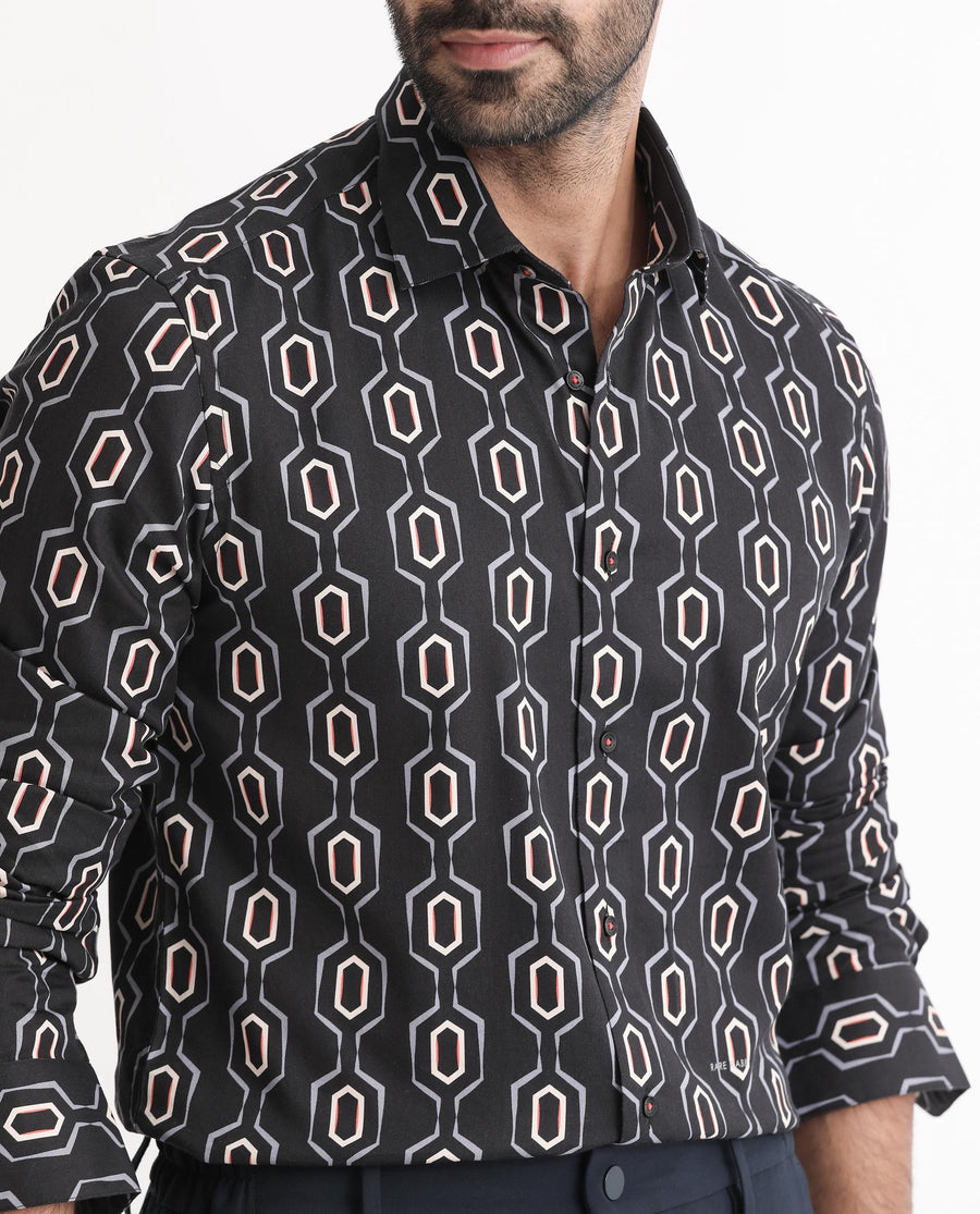 Rare Rabbit Men's Chains Black Modal Geometric Print Tailored Fit Full Sleeve Spread Collar Shirt