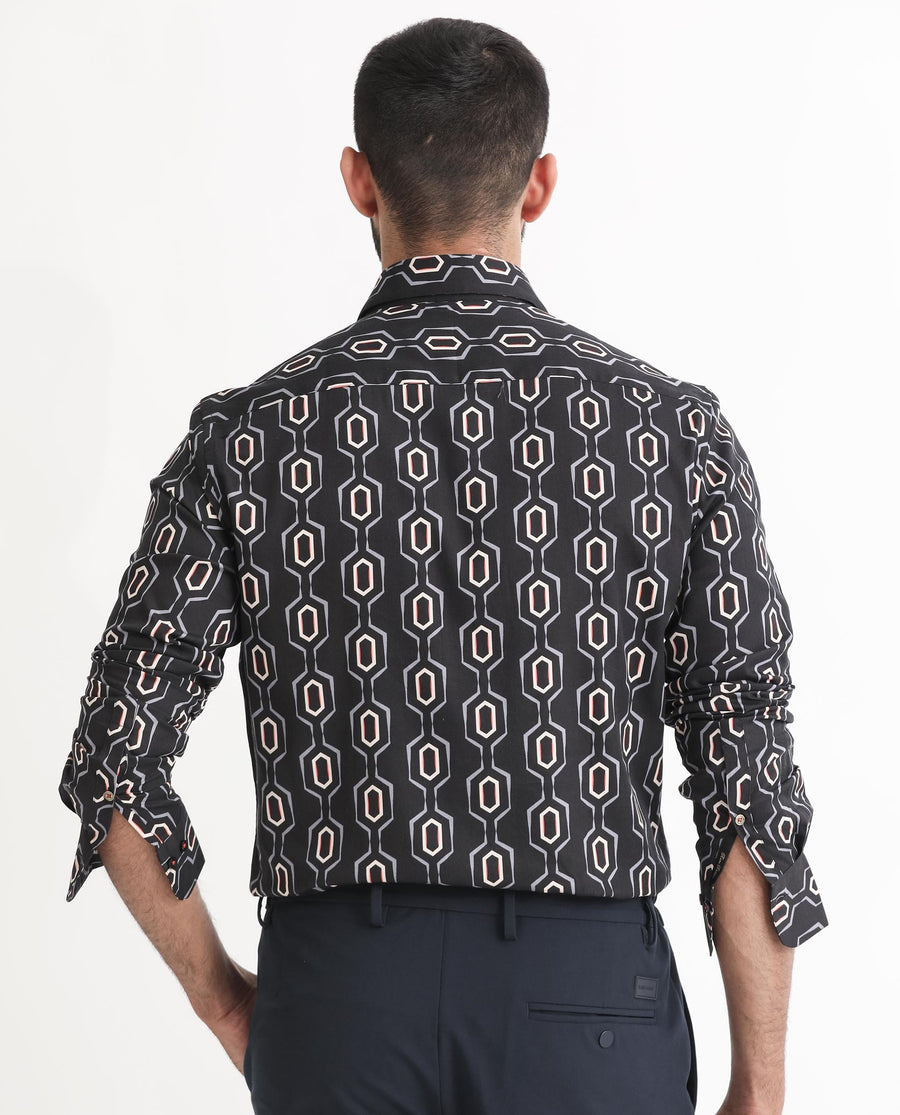 Rare Rabbit Men's Chains Black Modal Geometric Print Tailored Fit Full Sleeve Spread Collar Shirt