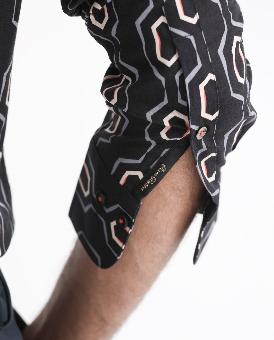 Rare Rabbit Men's Chains Black Modal Geometric Print Tailored Fit Full Sleeve Spread Collar Shirt
