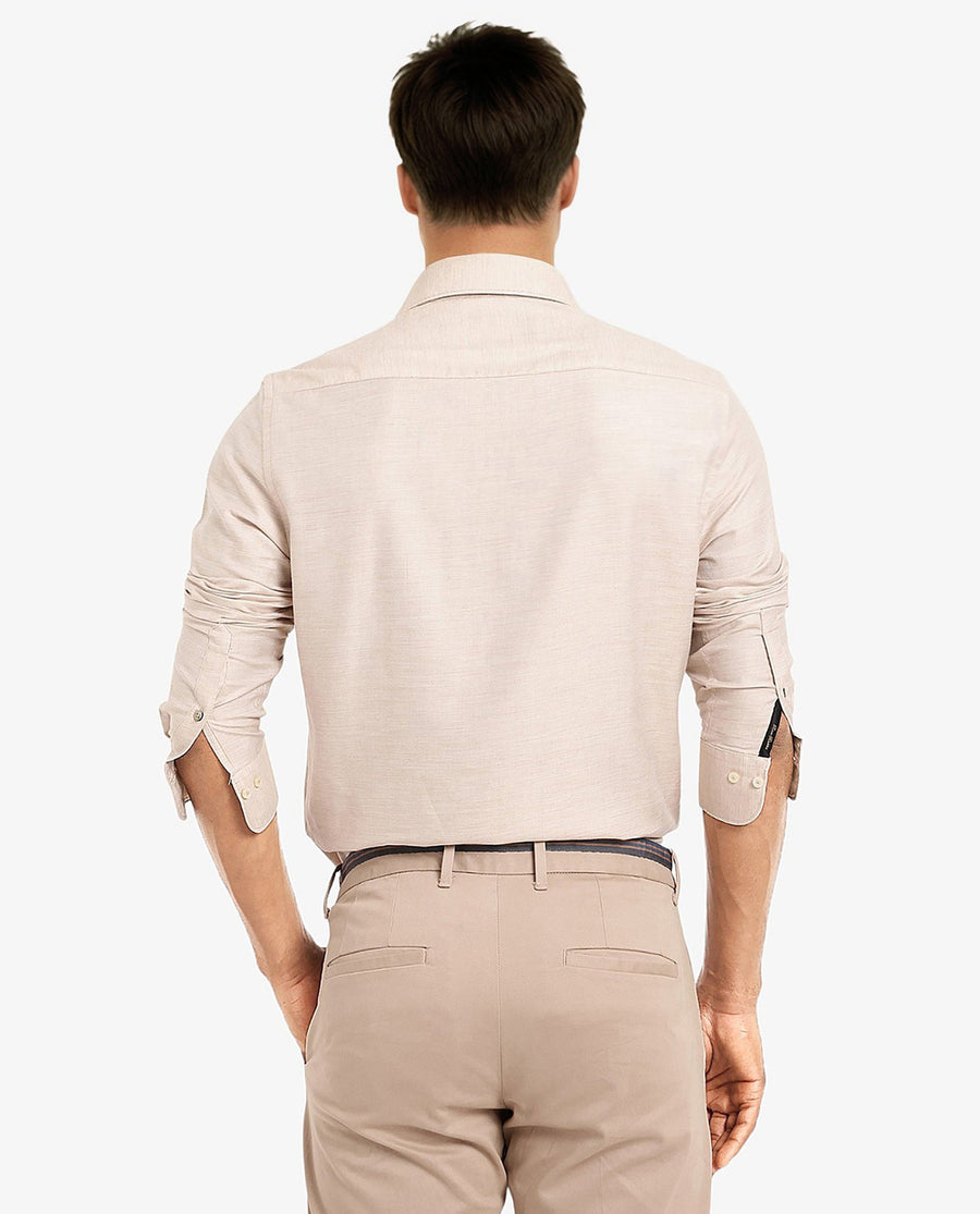 Rare Rabbit Men's Chapelle Beige Cotton Plain Regular Fit Full Sleeve Collared Shirt
