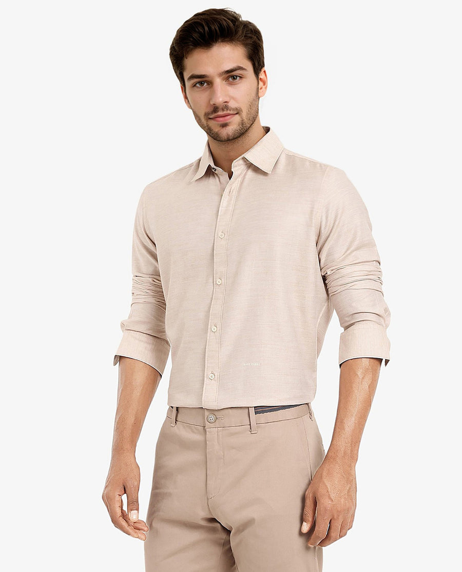 Rare Rabbit Men's Chapelle Beige Cotton Plain Regular Fit Full Sleeve Collared Shirt