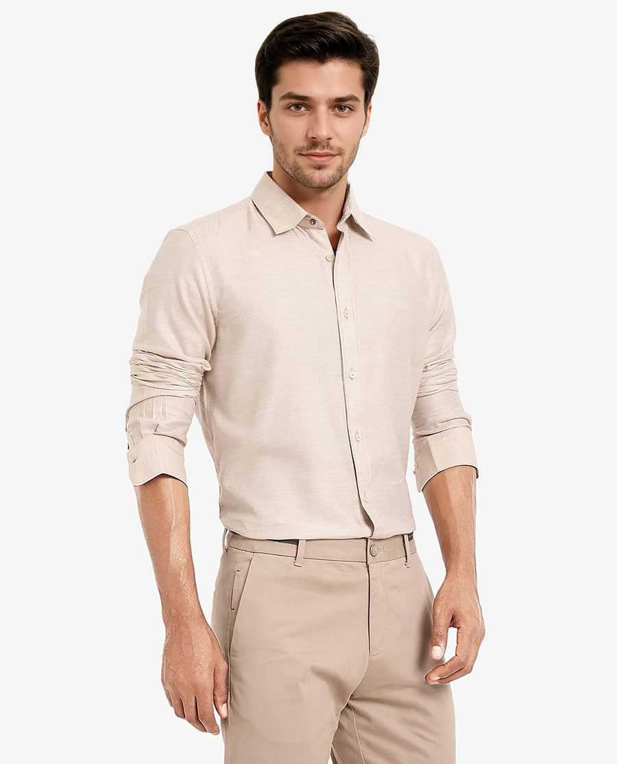 Rare Rabbit Men's Chapelle Beige Cotton Plain Regular Fit Full Sleeve Collared Shirt