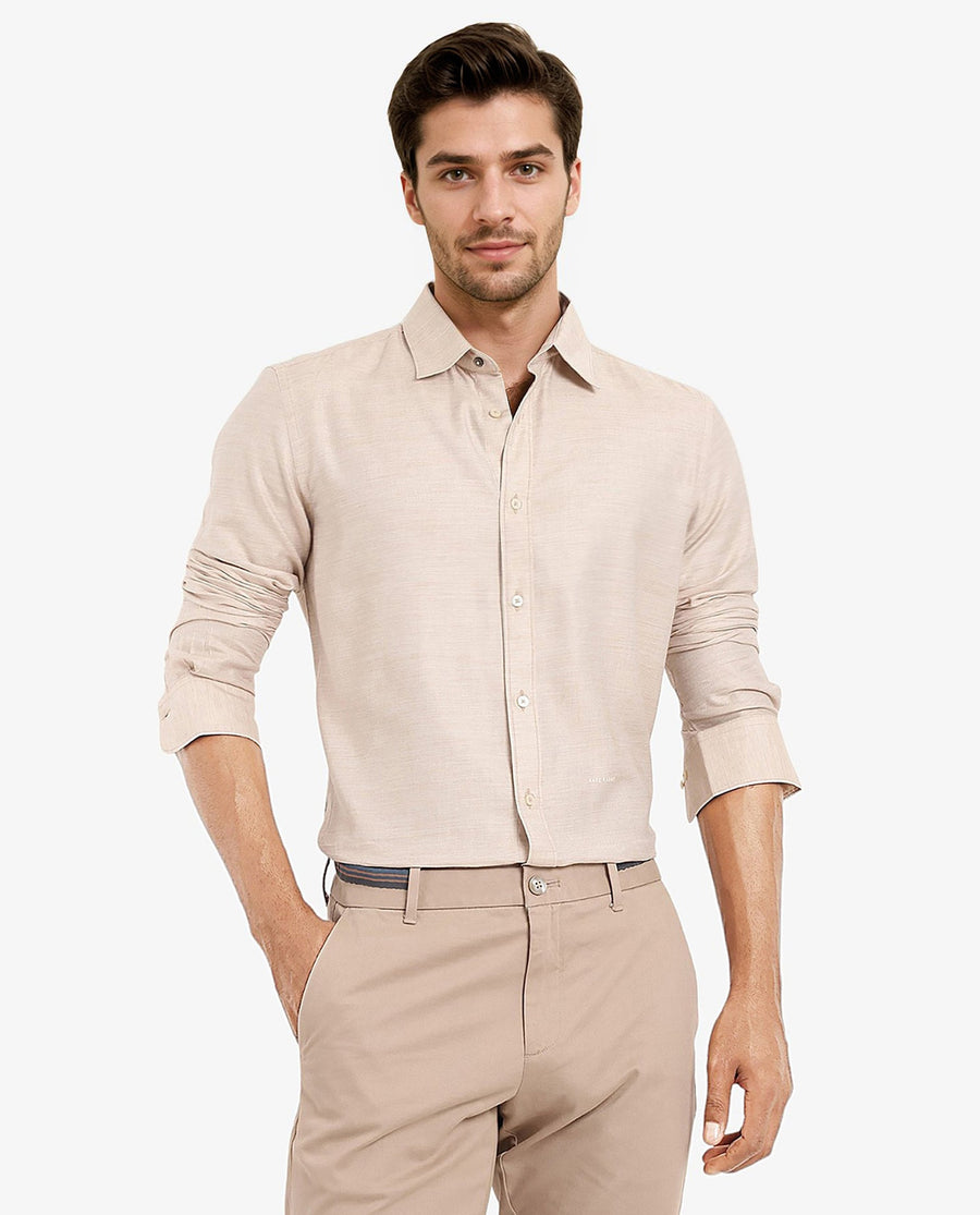 Rare Rabbit Men's Chapelle Beige Cotton Plain Regular Fit Full Sleeve Collared Shirt