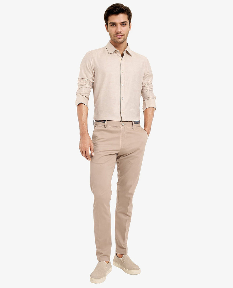 Rare Rabbit Men's Chapelle Beige Cotton Plain Regular Fit Full Sleeve Collared Shirt