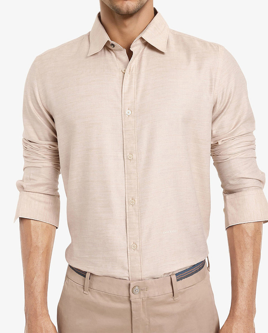Rare Rabbit Men's Chapelle Beige Cotton Plain Regular Fit Full Sleeve Collared Shirt