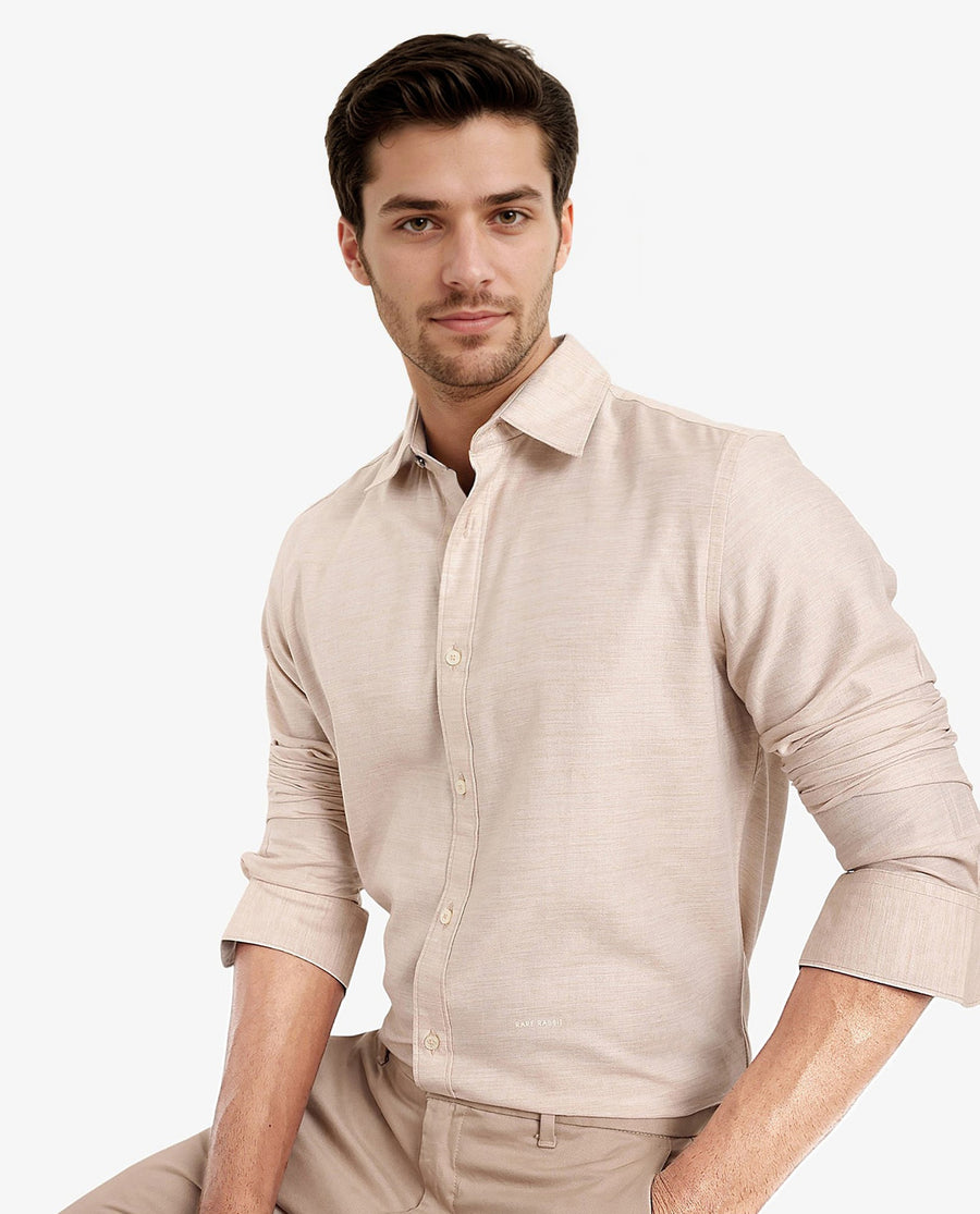 Rare Rabbit Men's Chapelle Beige Cotton Plain Regular Fit Full Sleeve Collared Shirt