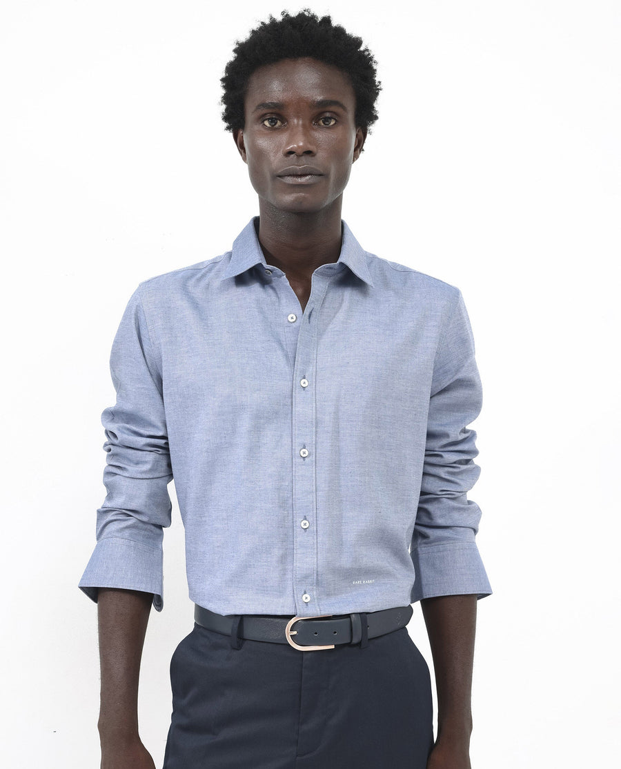 Rare Rabbit Men's Chapelle Dark Blue Cotton Plain Regular Fit Full Sleeve Collared Shirt