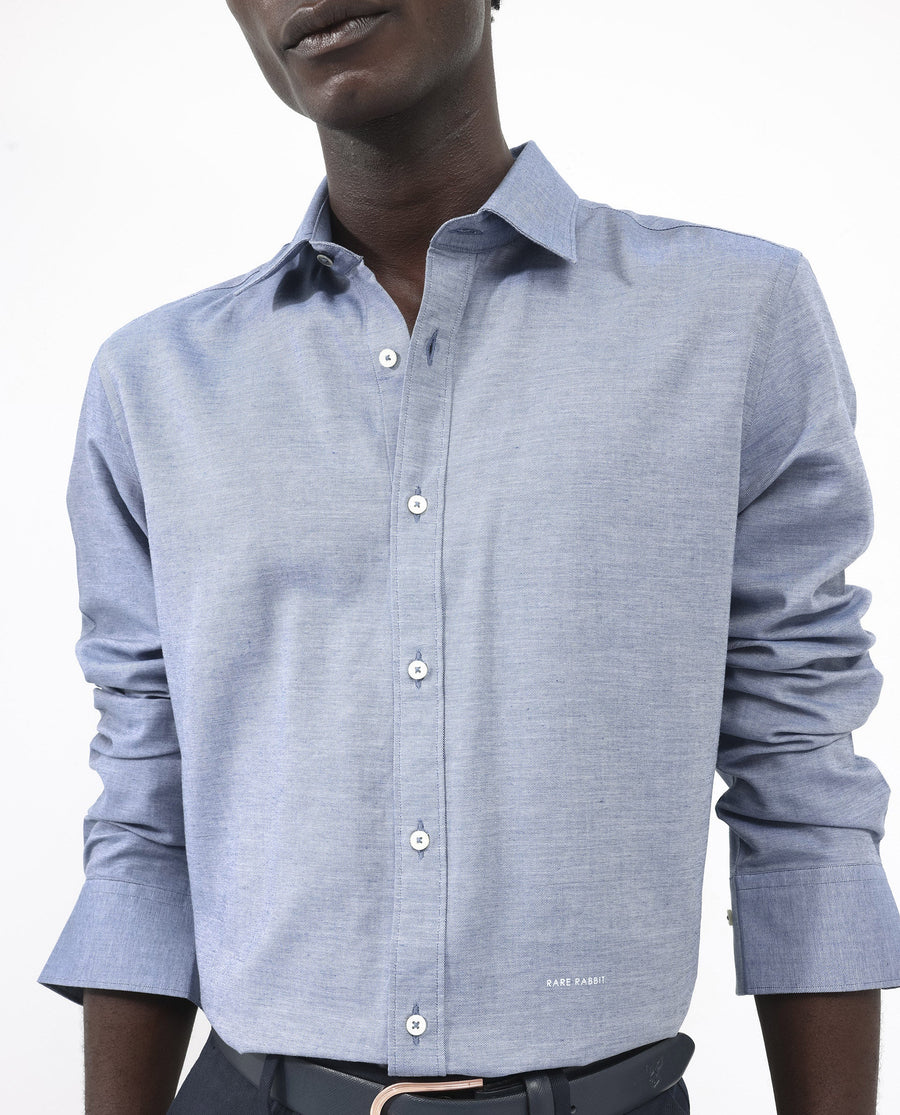 Rare Rabbit Men's Chapelle Dark Blue Cotton Plain Regular Fit Full Sleeve Collared Shirt