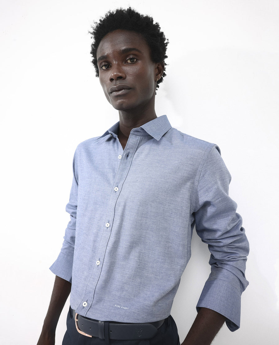Rare Rabbit Men's Chapelle Dark Blue Cotton Plain Regular Fit Full Sleeve Collared Shirt