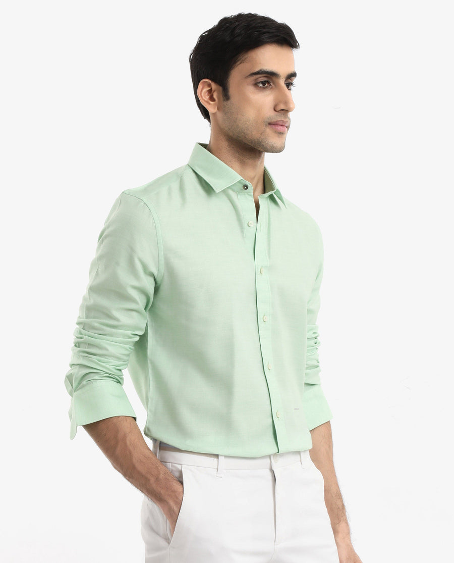 Rare Rabbit Men's Chapelle Flouroscent Green Cotton Plain Regular Fit Full Sleeve Collared Shirt