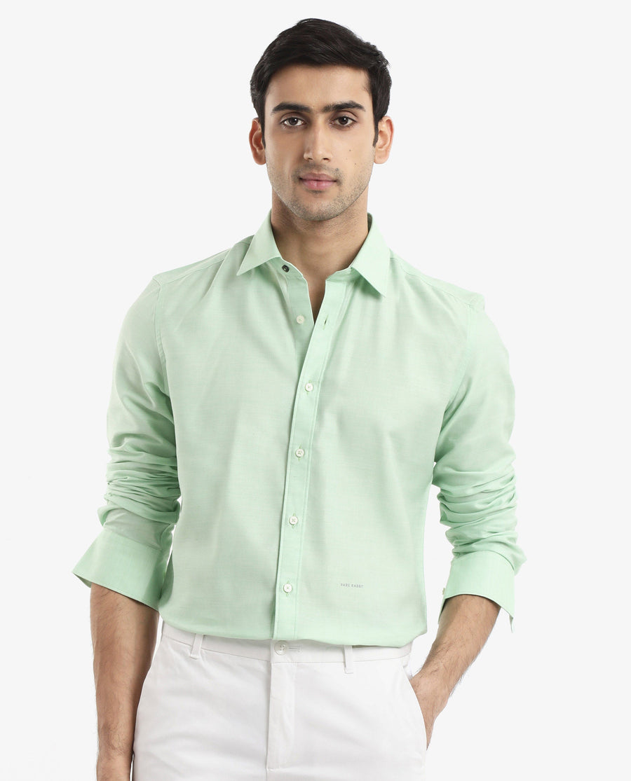 Rare Rabbit Men's Chapelle Flouroscent Green Cotton Plain Regular Fit Full Sleeve Collared Shirt