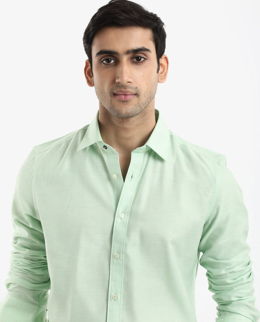 Rare Rabbit Men's Chapelle Flouroscent Green Cotton Plain Regular Fit Full Sleeve Collared Shirt