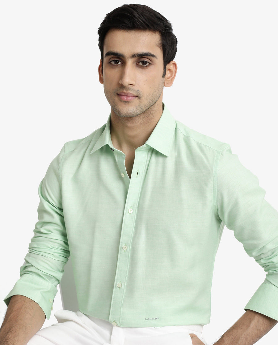 Rare Rabbit Men's Chapelle Flouroscent Green Cotton Plain Regular Fit Full Sleeve Collared Shirt
