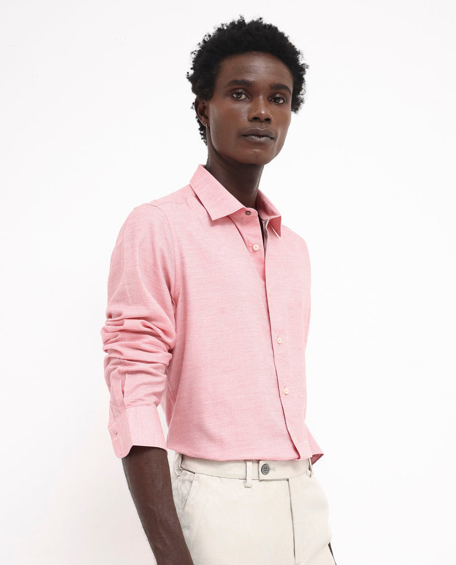 Rare Rabbit Men's Chapelle Flouroscent Pink Cotton Plain Regular Fit Full Sleeve Collared Shirt