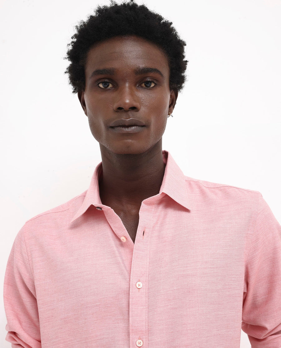 Rare Rabbit Men's Chapelle Flouroscent Pink Cotton Plain Regular Fit Full Sleeve Collared Shirt