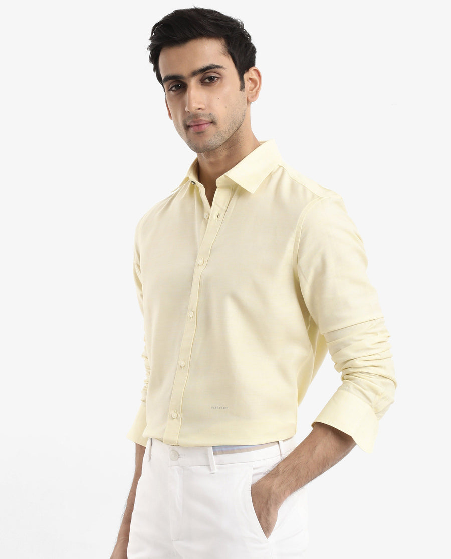 Rare Rabbit Men's Chapelle Flouroscent Yellow Cotton Plain Regular Fit Full Sleeve Collared Shirt