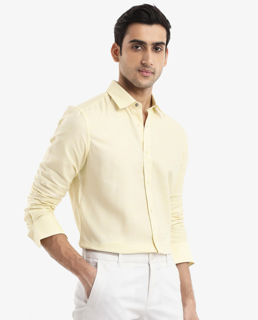 Rare Rabbit Men's Chapelle Flouroscent Yellow Cotton Plain Regular Fit Full Sleeve Collared Shirt