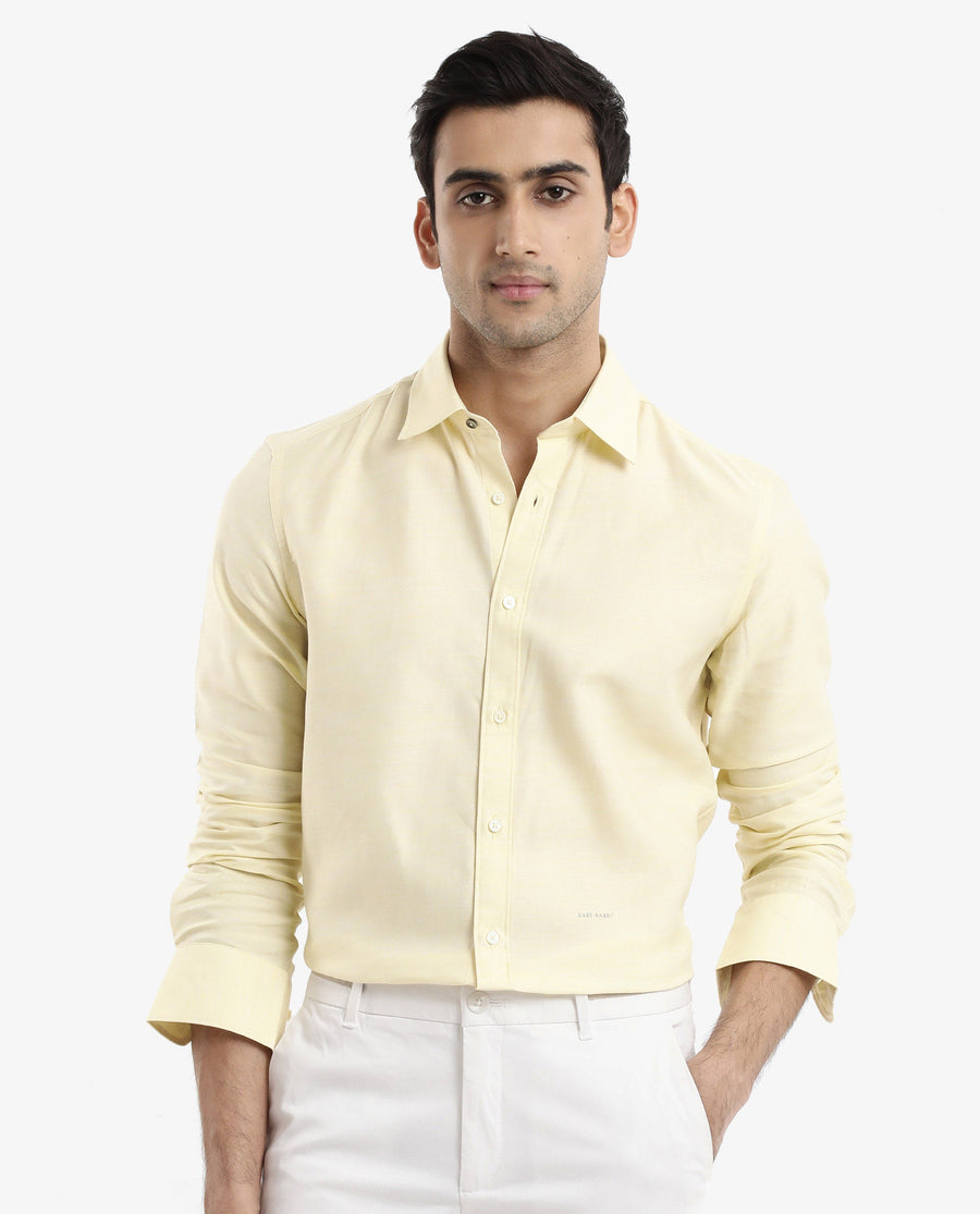 Rare Rabbit Men's Chapelle Flouroscent Yellow Cotton Plain Regular Fit Full Sleeve Collared Shirt