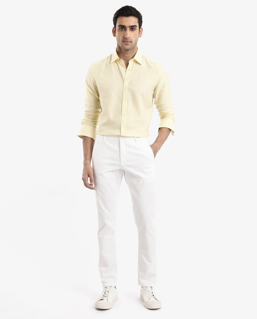 Rare Rabbit Men's Chapelle Flouroscent Yellow Cotton Plain Regular Fit Full Sleeve Collared Shirt