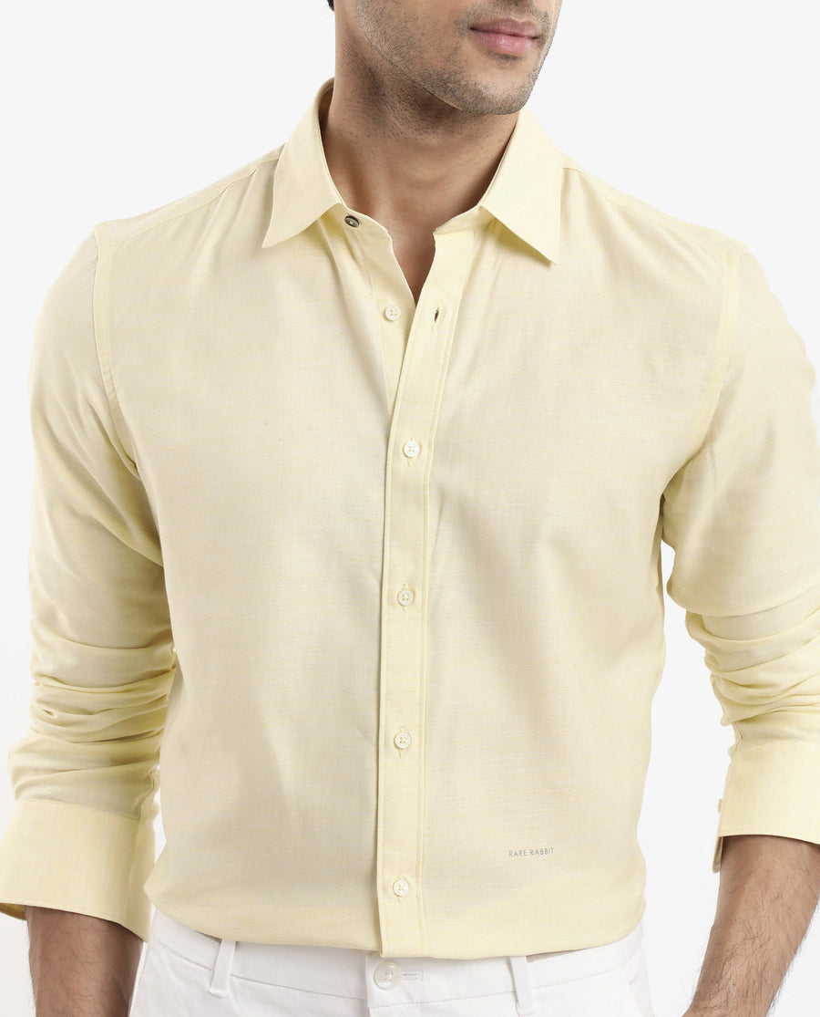 Rare Rabbit Men's Chapelle Flouroscent Yellow Cotton Plain Regular Fit Full Sleeve Collared Shirt