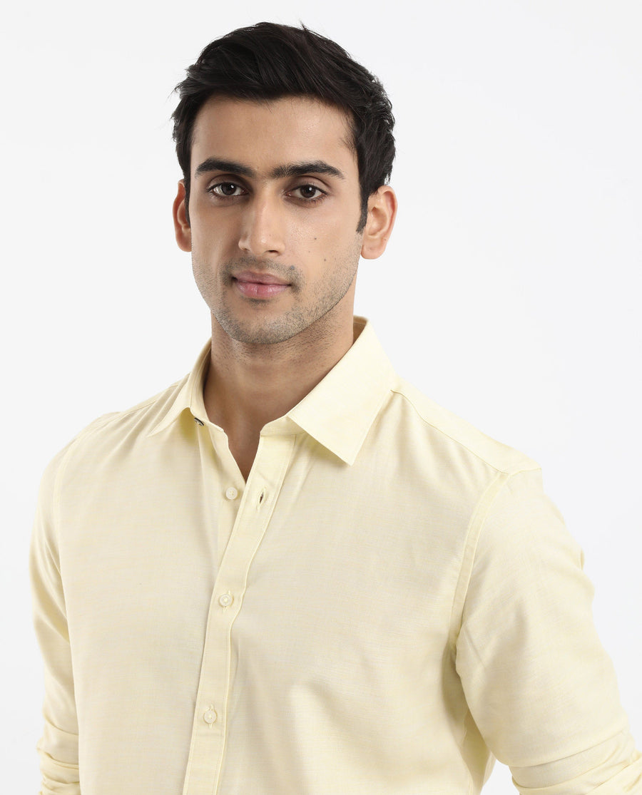 Rare Rabbit Men's Chapelle Flouroscent Yellow Cotton Plain Regular Fit Full Sleeve Collared Shirt