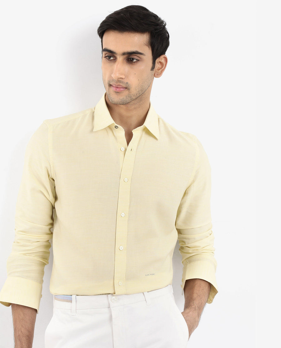 Rare Rabbit Men's Chapelle Flouroscent Yellow Cotton Plain Regular Fit Full Sleeve Collared Shirt