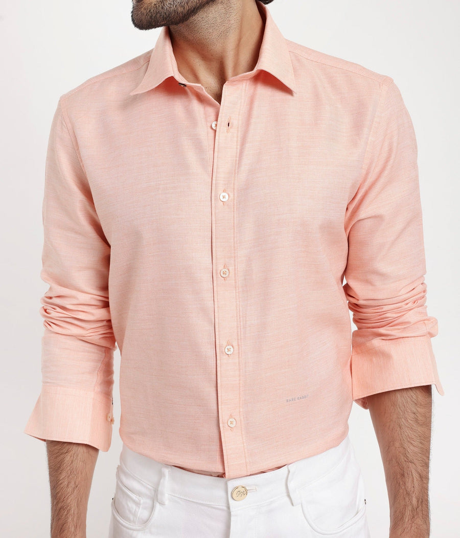 Rare Rabbit Men's Chapelle Flouroscent Peach Cotton Plain Regular Fit Full Sleeve Collared Shirt