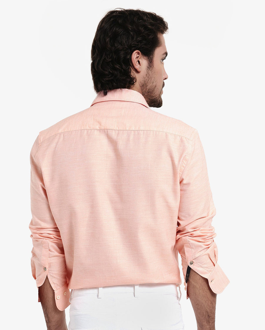 Rare Rabbit Men's Chapelle Flouroscent Peach Cotton Plain Regular Fit Full Sleeve Collared Shirt