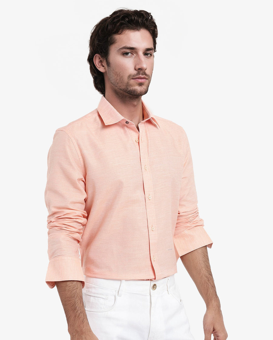 Rare Rabbit Men's Chapelle Flouroscent Peach Cotton Plain Regular Fit Full Sleeve Collared Shirt
