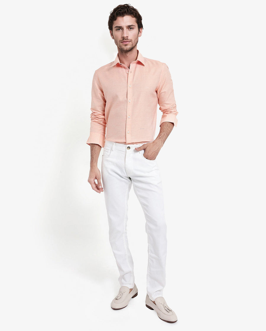 Rare Rabbit Men's Chapelle Flouroscent Peach Cotton Plain Regular Fit Full Sleeve Collared Shirt